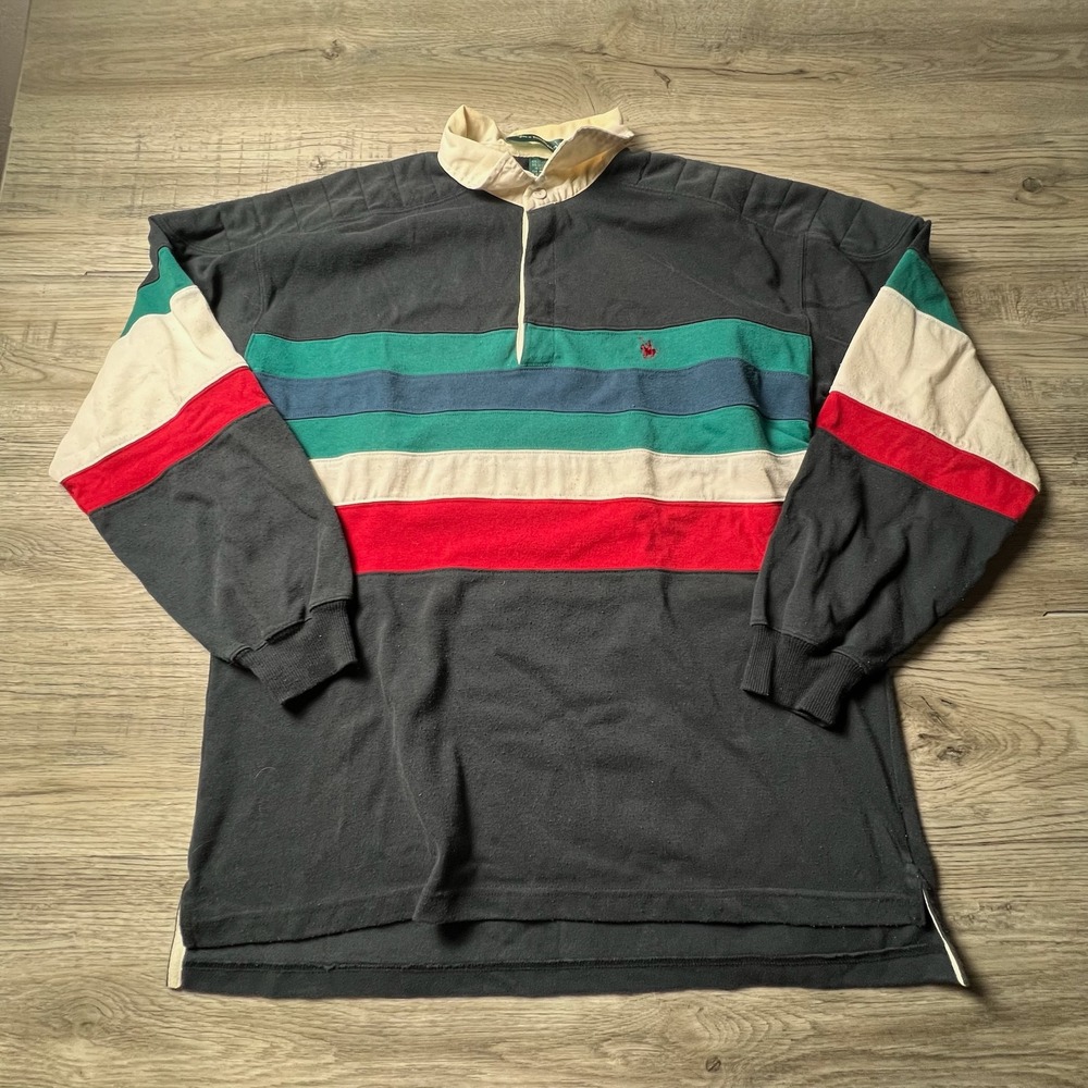 Knights of Round Table Rugby Shirt Mens XL Black Multi Stripe Vintage 90s Polo